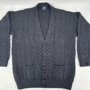Aran Crafts Sweater Mens XL Gray Cardigan Fishermans Cable Knit Merino Wool